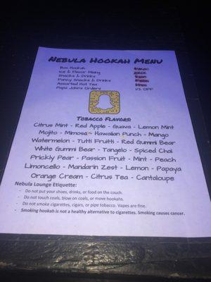 NEBULA HOOKAH LOUNGES - Sesha menu.