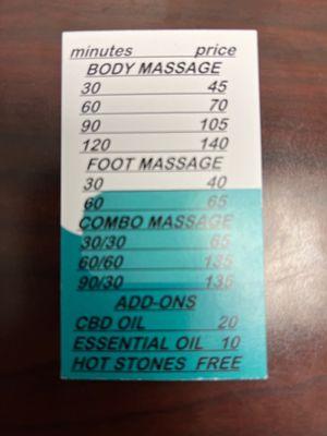 Prices for massages.