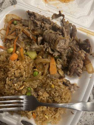 Beef and broccoli with fried rice