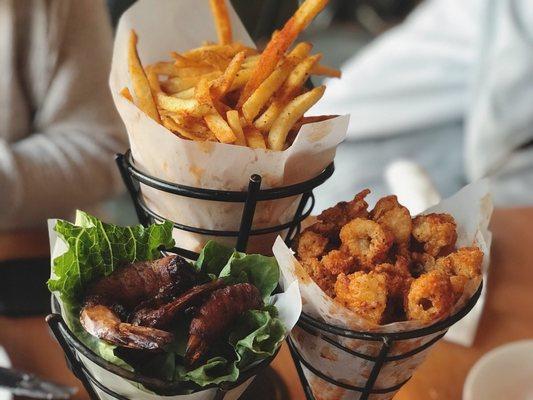 L-R: Bacon Wrapped Shrimp, Cajun Fries, and Cajun Calamari