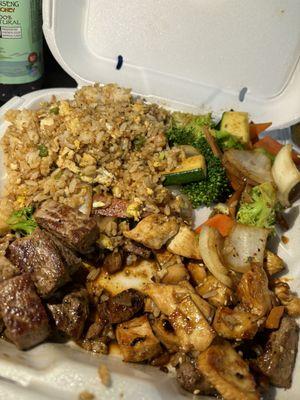 Chicken and New York with veggies and chicken fried rice