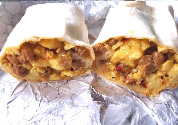 Grande sausage, egg and queso burrito.