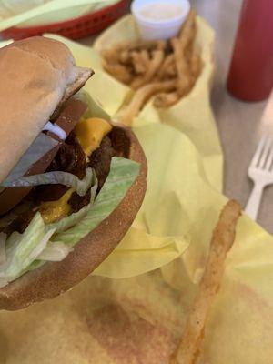 Burger and chicken fried  fries