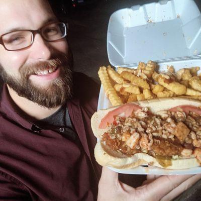 Come try our delicious crawfish Po boy topped off with Cajun Rice cajun fries