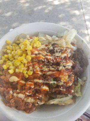 Combo bowl - Beef, pork, corn, cabbage, sweet potato noodles, spicy mayo, gochujang, and rice