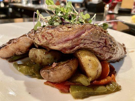 NY Strip Steak with roasted potatoes and peppers