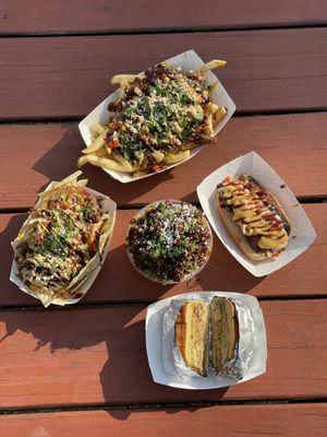 Brisket Fries/Brisket Nachos/Brisket Elote/Sausage Hot Dog/Smash Burger