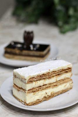 Napoleon ($6) - flaky puff pastry and thick, luxurious layers of vanilla pastry cream. Opera cake in the back