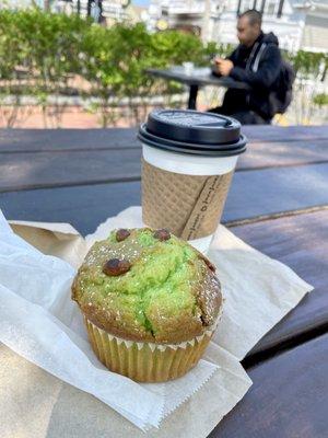 Pistachio muffin and cappuccino