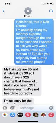 Text from Kristi, hairdresser