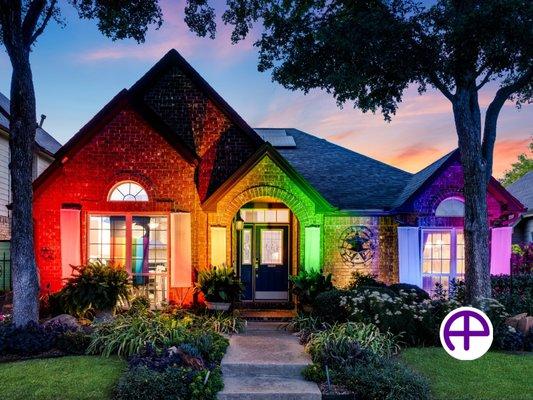 Pride Home in Dallas with rainbow exterior lighting, enhanced with AccuHDRPhotos™, AccuTwilightPhotos™, and AccuResidentialPh...