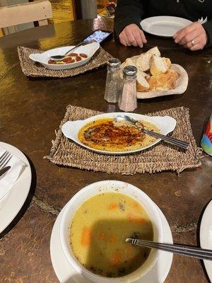 Lentil soup and hummus, eggplant