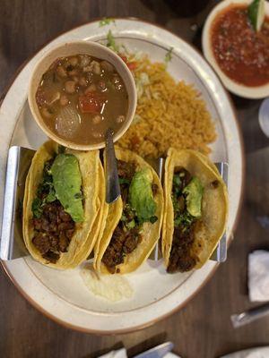 Tacos Al Carbón Authentic Patrón. With Borracho beans.