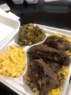 Collard greens , mac and cheese , Jerk Chicken , yellow rice