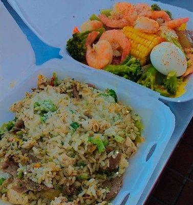 Steak rice bowl and a lawanda seafood boil