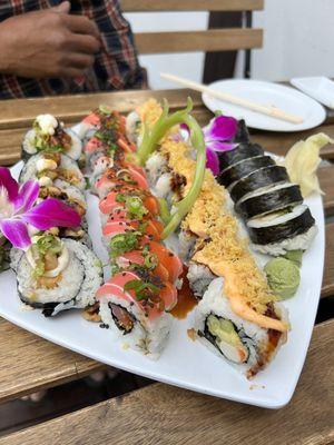 Shrimp walnut roll to the left and curry roll to the right