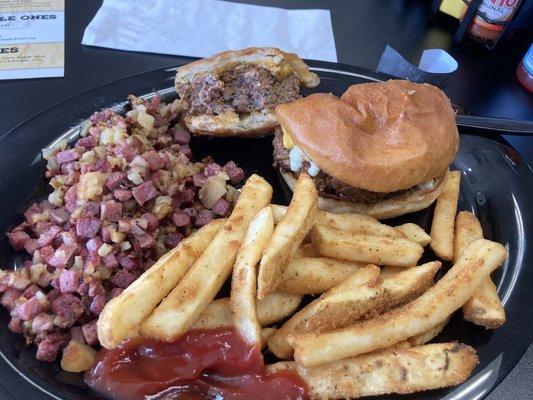 Cajun Blue Cheese Burger & corned beef hash side.