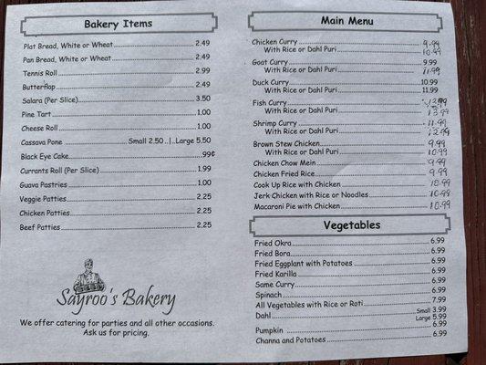 Sayroo's Bakery Menu- Bakery Items, Main Menu, and Vegetables