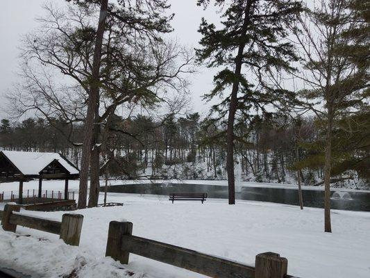 The partially frozen pond and fountains...pretty, but don't venture too close..