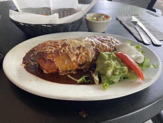 Carne Asada Burrito, enchilada style, with red sauce.