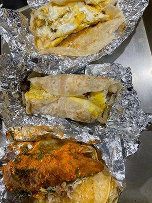 (From top to bottom): Brisket, Egg and Cheese, Chile-Rubbed Pulled Pork, Egg and Cheese, Topo Chico-Battered Fish Taco