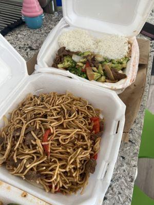 Beef Lo Mein, beef and broccoli