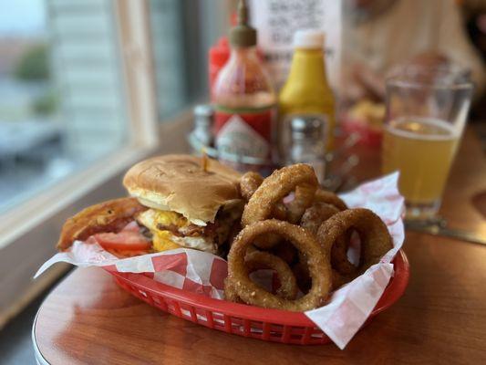 The Miner burger w/ fried egg & onion rings