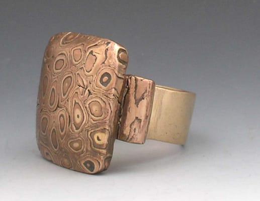 Mokume Gane Metal Clay ring made with copper bronze and steel metal clays.