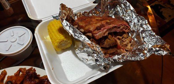 Jake's Super BBQ Sampler with a side of half corn on the cob. The corn was AWESOME ALSO!