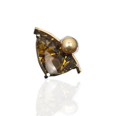 Gentleman?s Brooch featuring 32.68Ctw Cognac Citrine carved by Michael Dyber and a 12mm Golden South Sea Pearl, accented with...