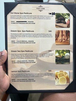 Pedicure menu