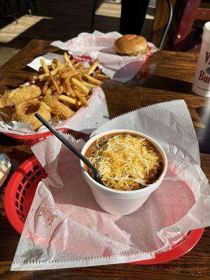 Burger, fries, Onion Rings,Chili Bowl