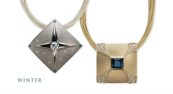 Winter pendant in 18KT Yellow and White Gold. Blue Sapphire, Diamonds  create Snowflake, White and Blue Diamonds create the N...