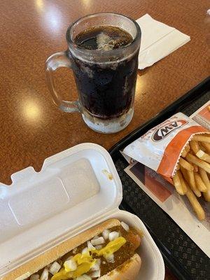 Coney dog, fries and a frosty mug of root beer