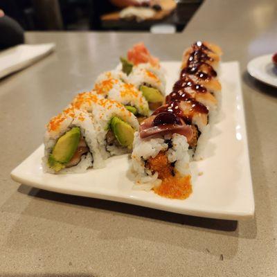 Salmon avocado roll and super crunchy roll