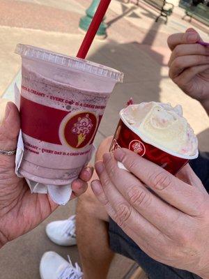 Black cherry yogurt with chocolate shavings shake and French vanilla ice cream with strawberries