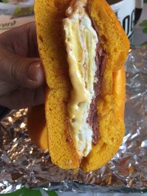 Taylor ham egg and cheese on an egg bagel