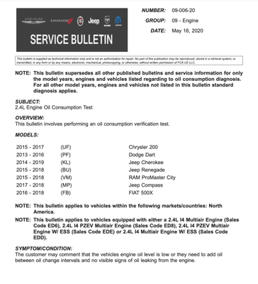 I was never advised of this 11/07/20 when my Fiat 500X was serviced 2 QT's oil low and bad spark plug.