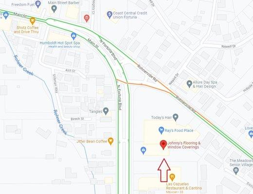 Map depicting location of Johnny's Flooring, accessible from both Rohnerville Rd and North Fortuna Boulevard