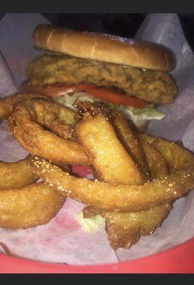 Steak sandwich and onion rings