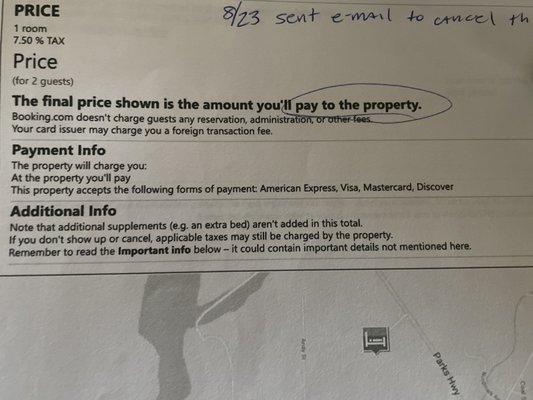 The paperwork saying I pay at the property. They withdrew the money from my account three days before our arrival...unscrupulous