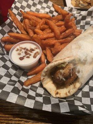 Blackened Tilapia Gyro and Sweet Potato Fries