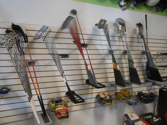 Golf clubs, full sets or just a driver.  Bags and used balls for sale.  We are always looking for late model name brand golf clubs