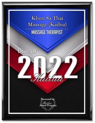 Khun Sa Thai Massage has been selected for the 2022 Best of Kailua Awards in the category of Massage Therapist.