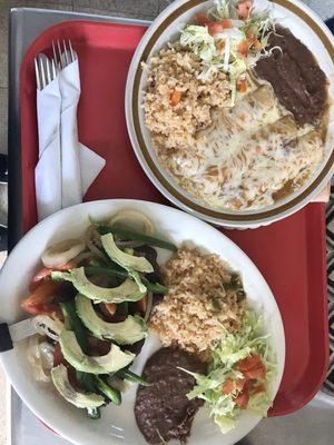 Steak Ranchero and Mexican Enchilada Plates, serves with rice beans and small salad.