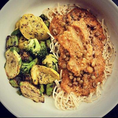 Lentil bolognese with spaghetti and roasted veggies