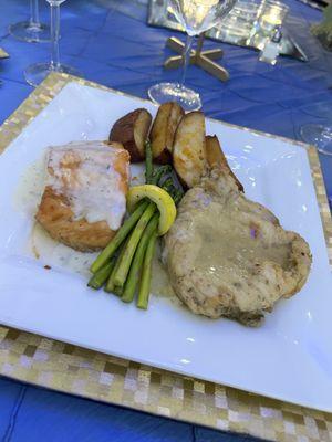 Delicious salmon, chicken piccata, potatoes, and veggie medley!