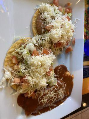 Two bean tostadas and a cheese enchilada