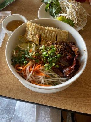 Vermicelli with grilled beef and bean curd wrapped shrimp