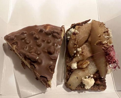 Left- Daim almond cake enrobed in milk chocolate  Right- pears and blue cheese on nut bread